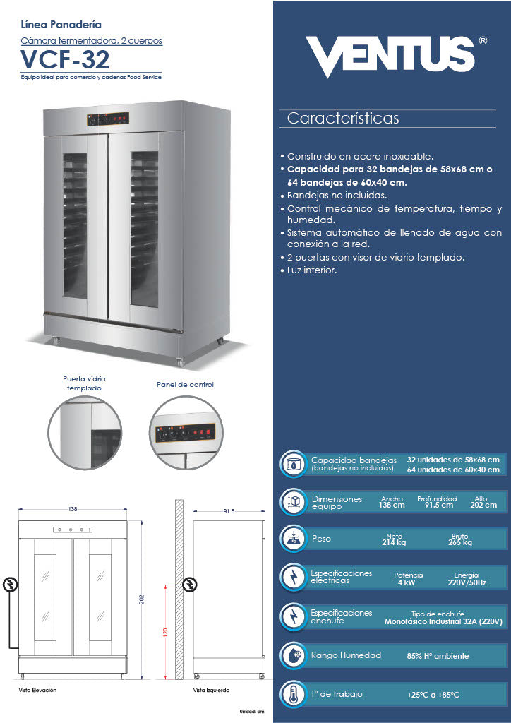 Cámara Fermentadora 32 Bandejas Ventus Vcf-32 Inox 58X68Cm