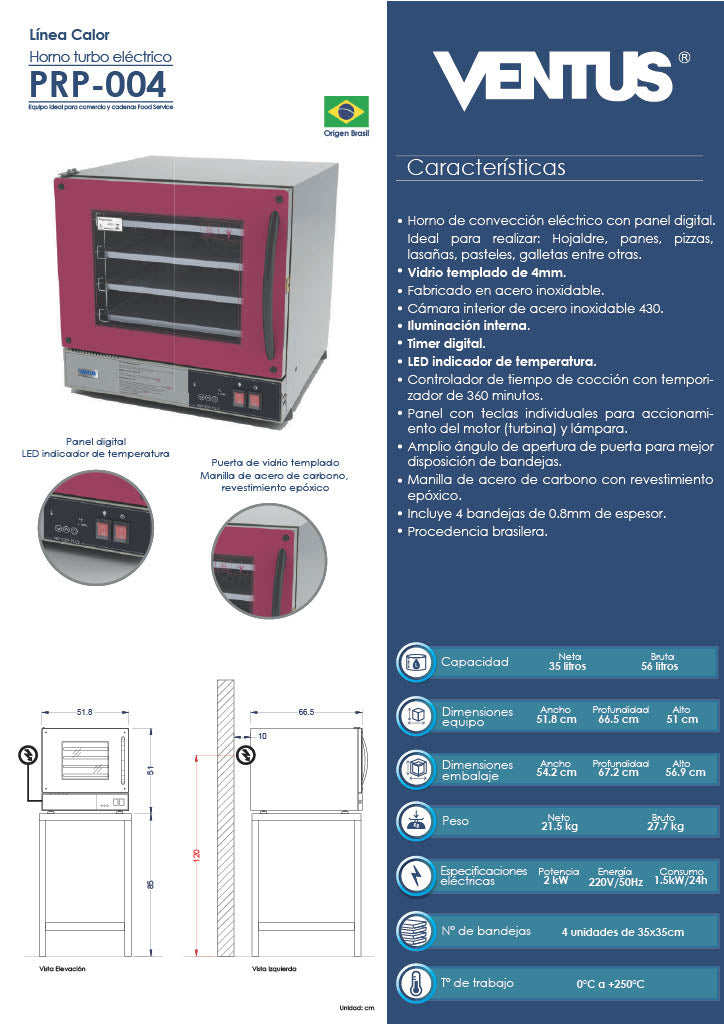 Horno Turbo Electrico 4 Bandejas Ventus Prp-004 Rojo / Inox