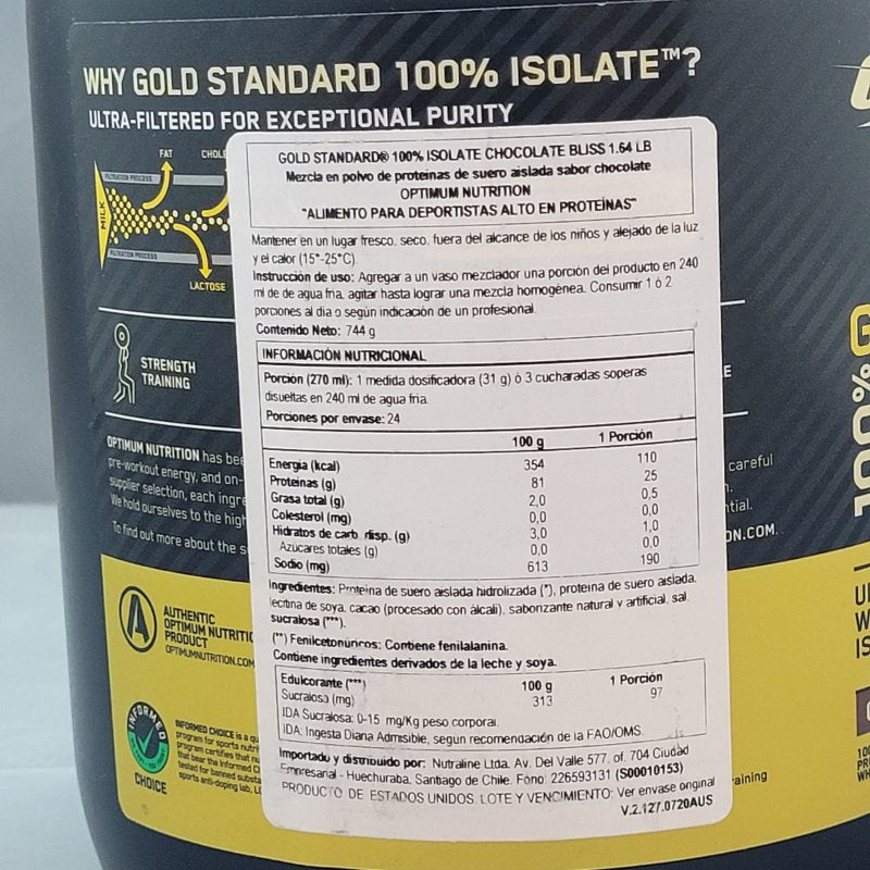 Proteínas 100% Isolate Optimum Nutrition Chocolate Bliss Flavor 1.64lb