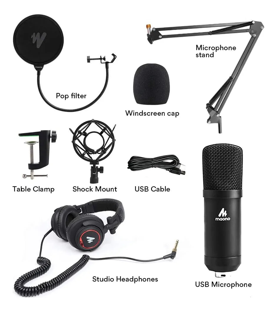 Microphono  Para Podcasting  Con Kit De Arriculares Para Estudio Maono Au-Aoah Negro
