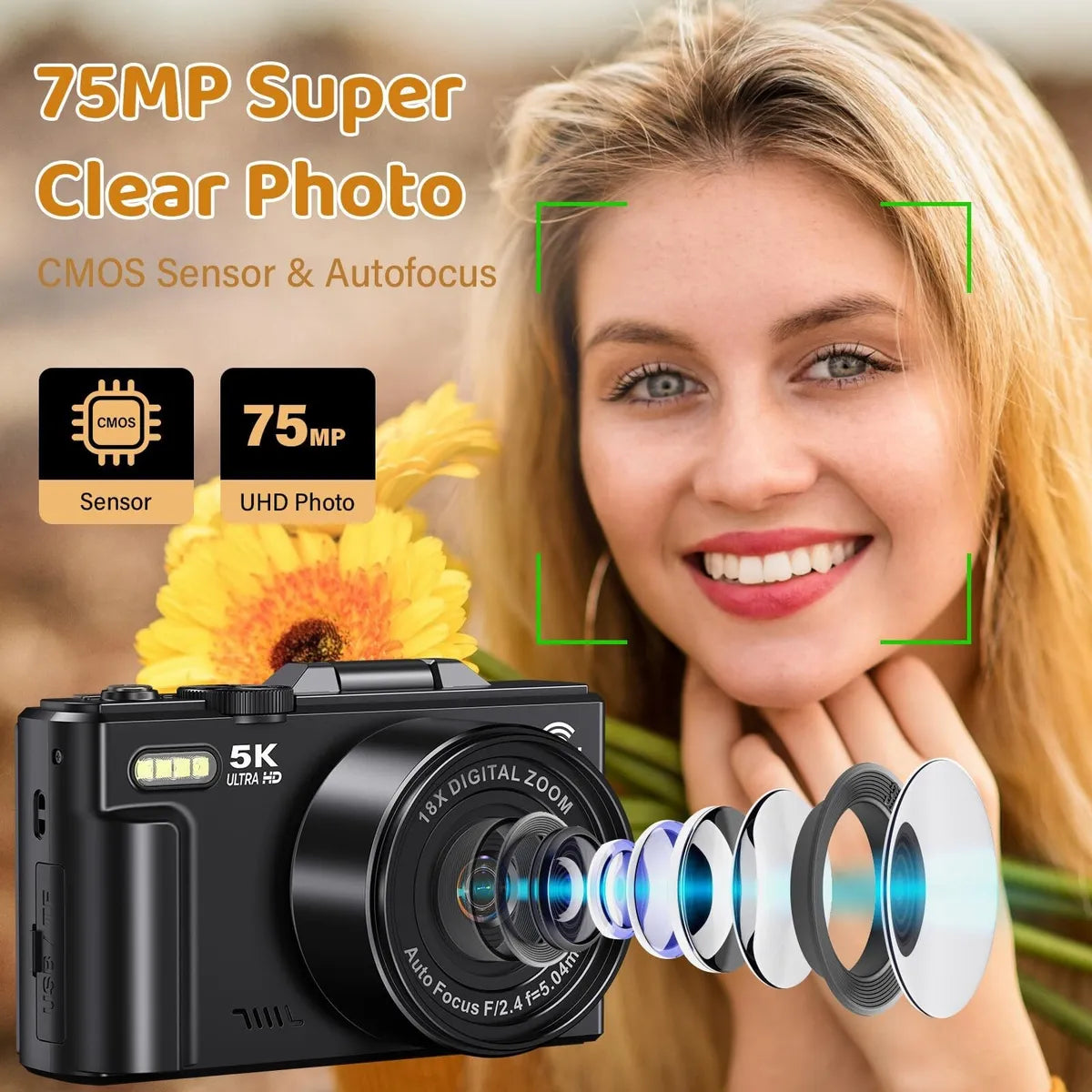 Cámara Digital 5K Ultra HD 75 MP con Memoria 32 GB Incluida