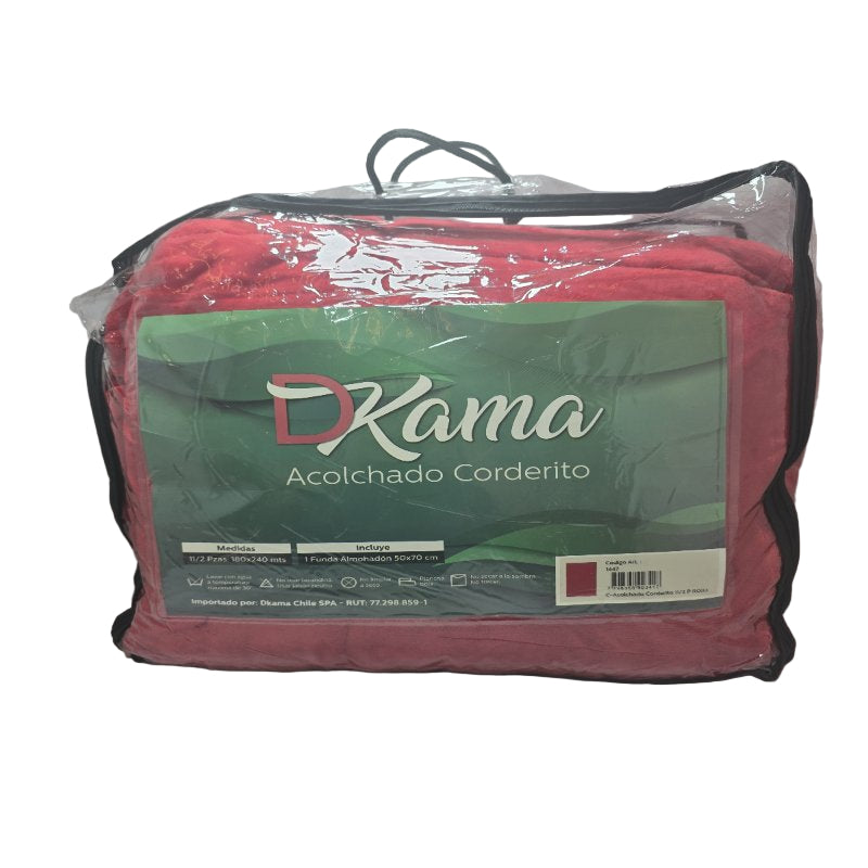 Plumón Acolchado Corderito 1 1/2  Plazas+ Funda Almohadón Dkama Rojo