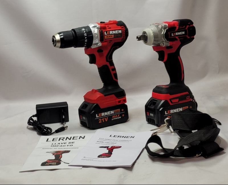 Kit Taladro + Llave De Impacto 2 Baterías Lernen Rojo 21v