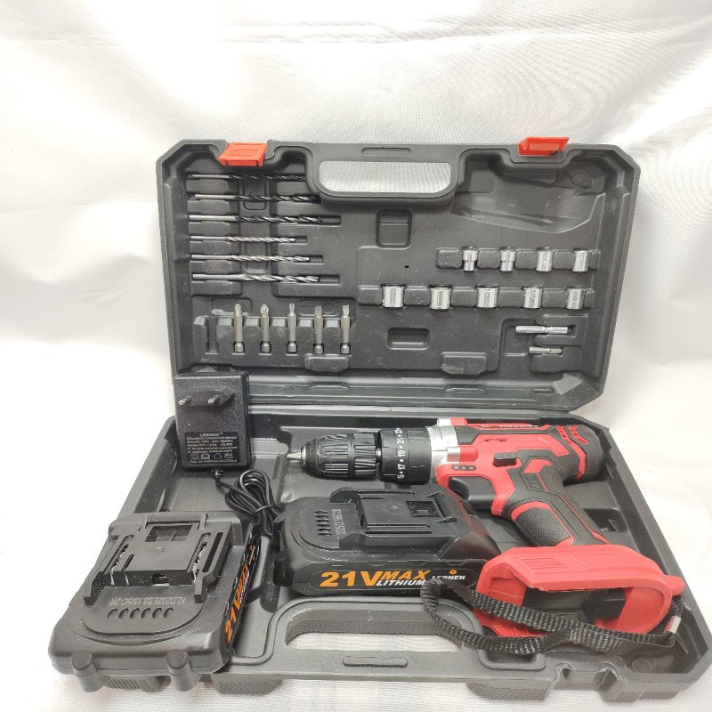 Kit Taladro Percutor Inalámbrico Lernen Destornillador 21v +2 Baterías Rojo