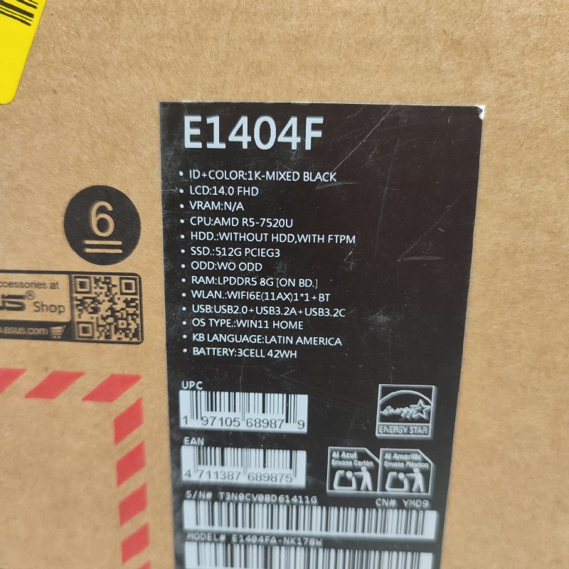 Notebook Asus Vivobook E1404f Mixed Black Cpu: Amd R5-7520u / Ram: 8gb / Ssd: 512gb