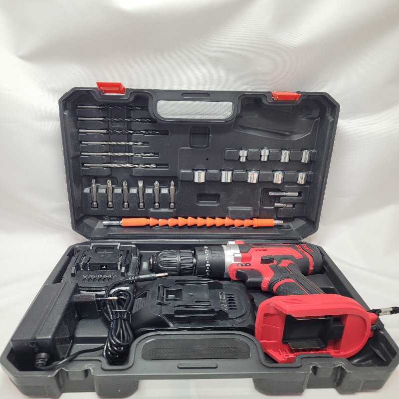 Kit Taladro Percutor Inalámbrico Lernen Destornillador 21v + 2 Baterías Rojo