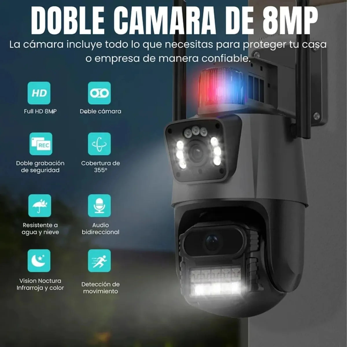 Cámara de Seguridad WiFi Exterior Doble Lente 8 MP, 1080 P, Negro