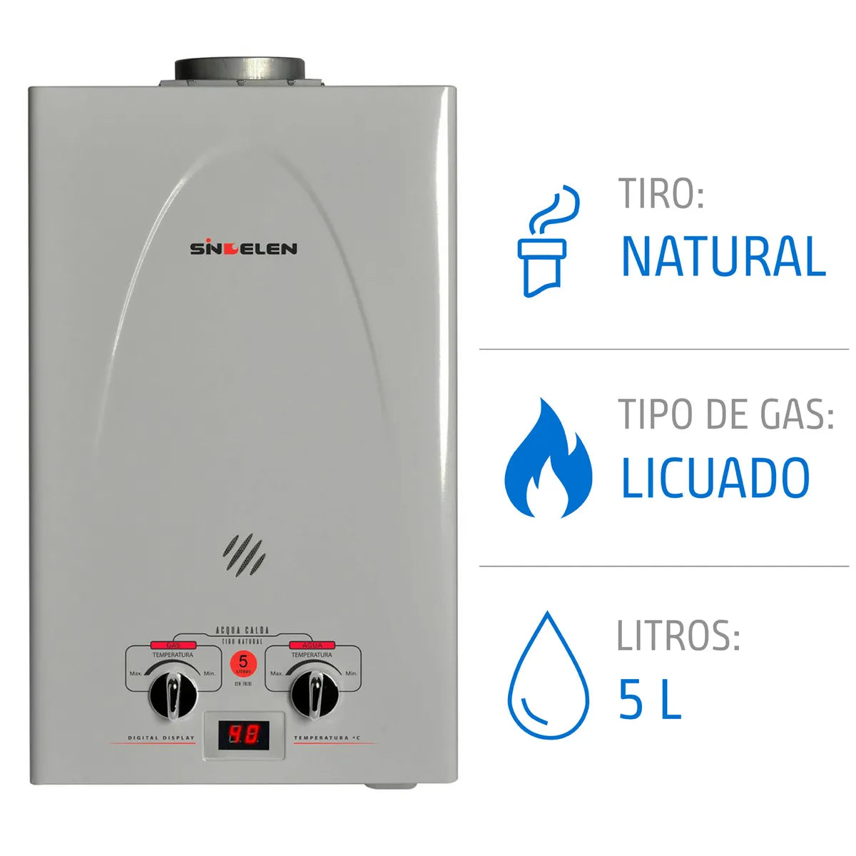 Calefón Tiro Natural a Gas Licuado Petróleo Sindelen CFN-5GLSI Plateado 5 Litros