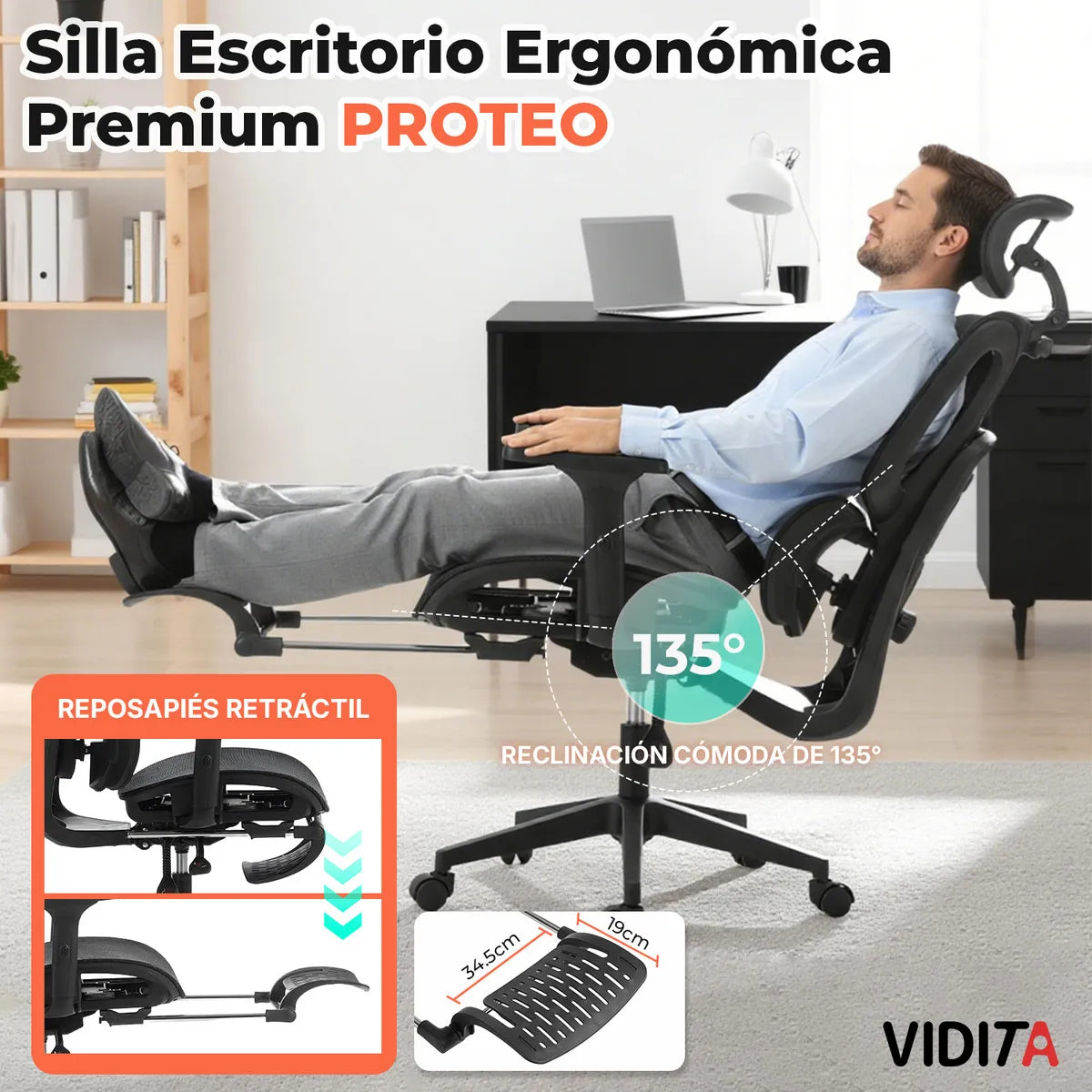 Silla de Escritorio Vidita Ergonómica Premium, Potreo Negro