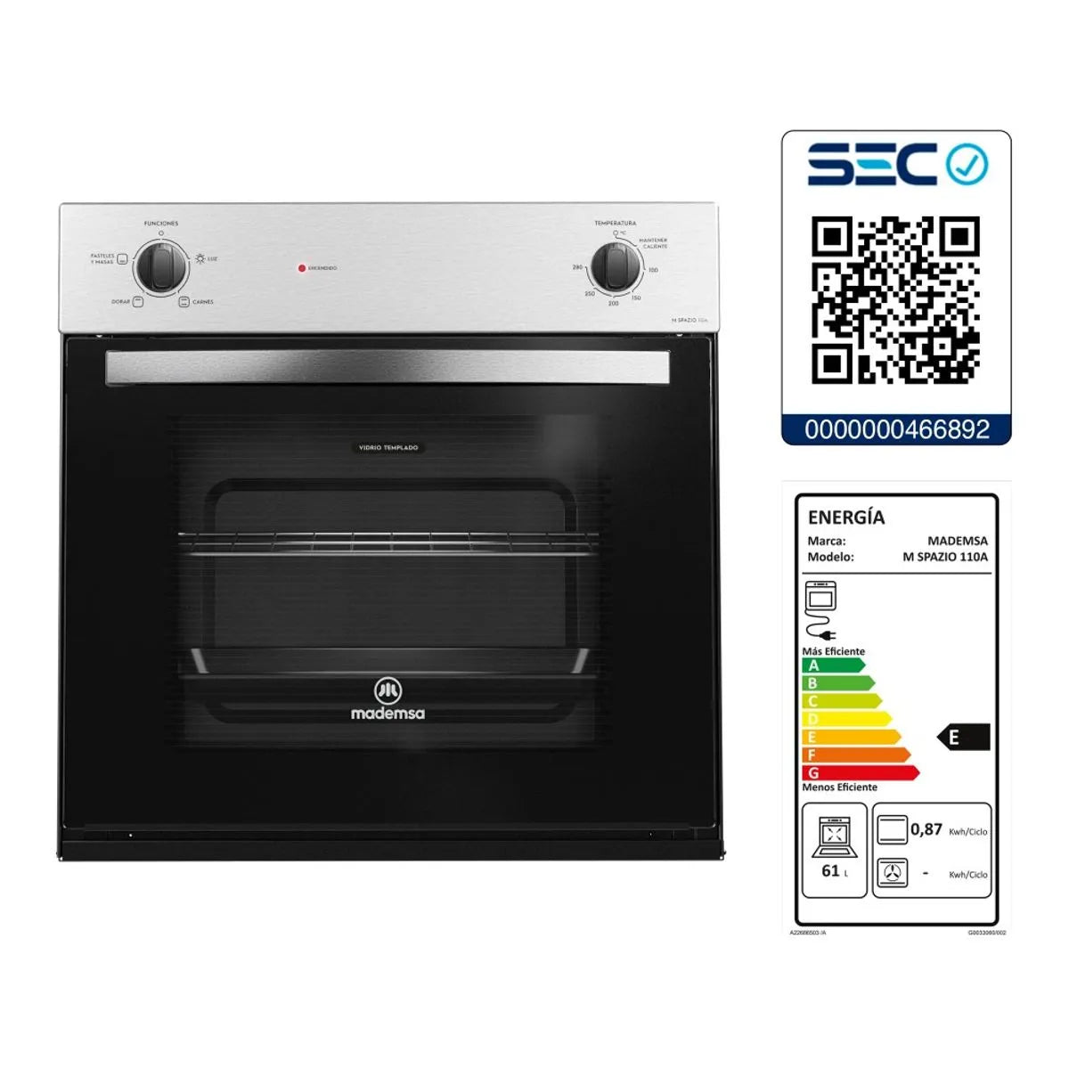 HORNO EMPOTRABLE MADEMSA M SPAZIO 110A INOX 66 LTS