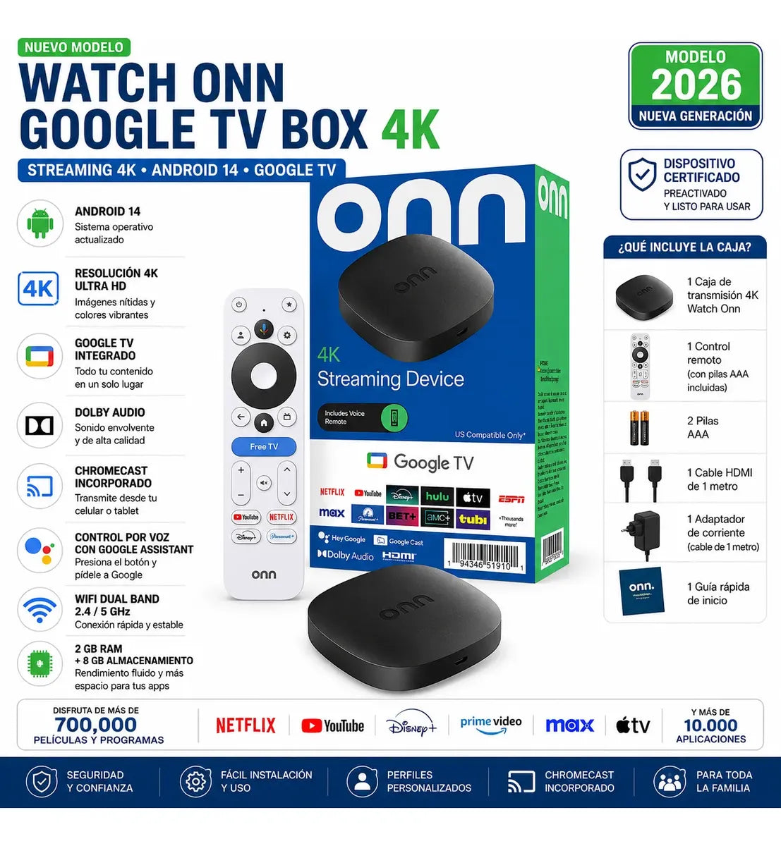 Google TV Box 4K Onn Streaming 2026 Preactivado Certificado