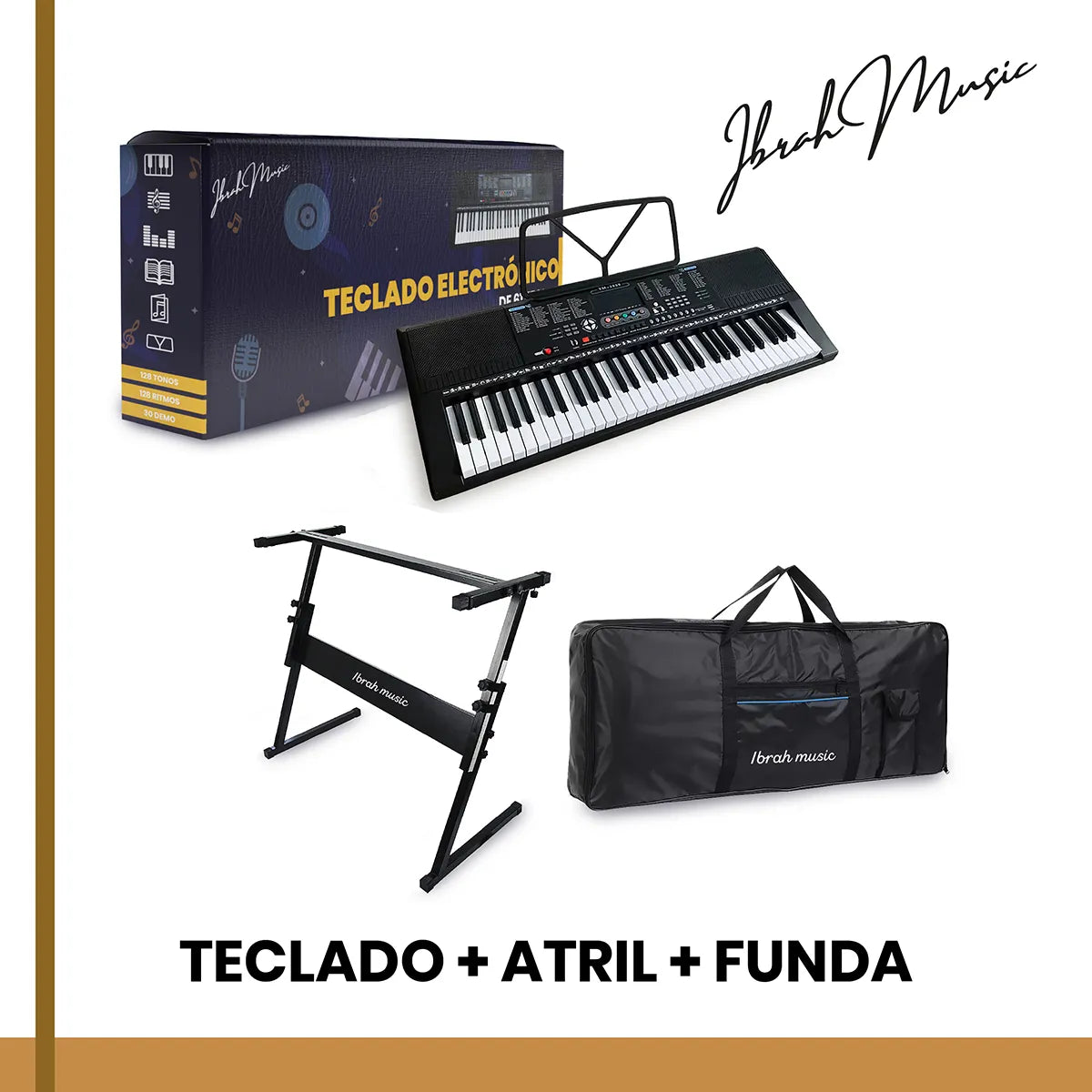 Teclado Electrónico Ibrahim Music 61 Teclas Negro con Atril y Funda