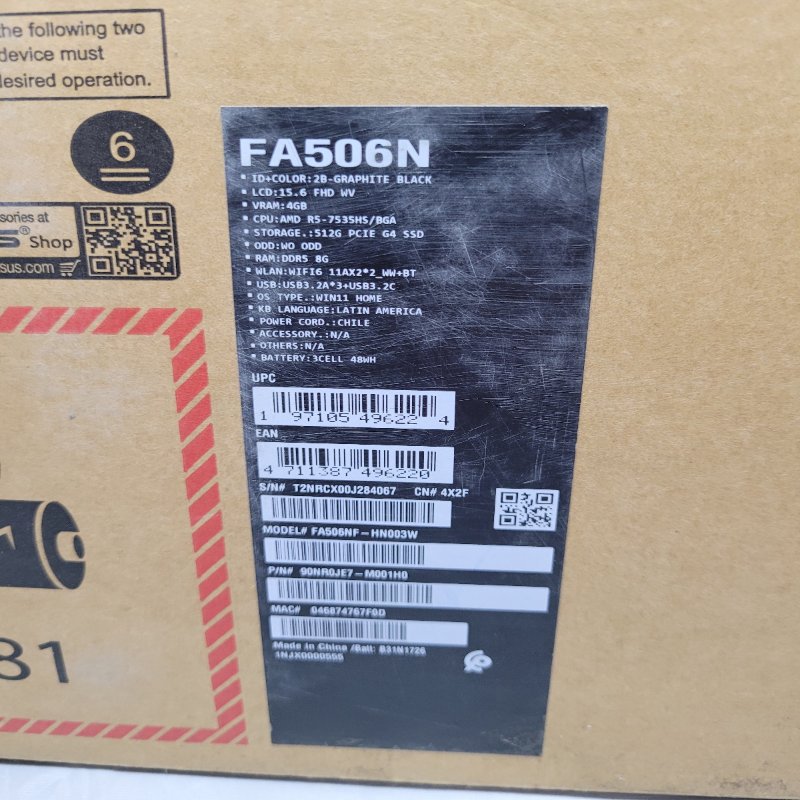 Notebook Tuf Gaming A15 Asus Fa506n Graphite Black Cpu: Amd R5-7535hs/Bga / Ssd: 512gb / Ram: 8gb