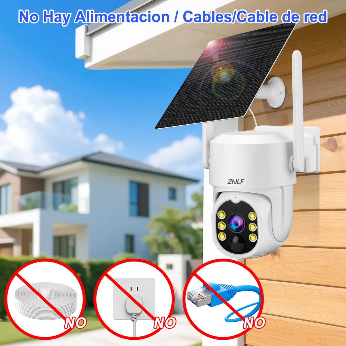 Cámara de Seguridad Solar 2NLF WiFi Exterior HD PTZ Visión Nocturna, Blanco