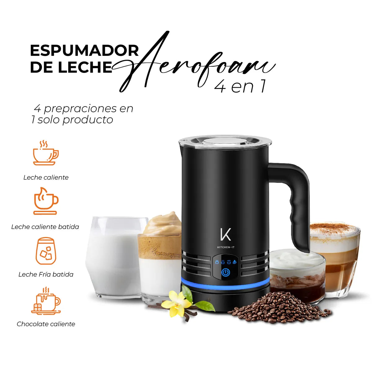 Espumador de Leche 4 en 1 Kitchen-It Aerofoam Negro