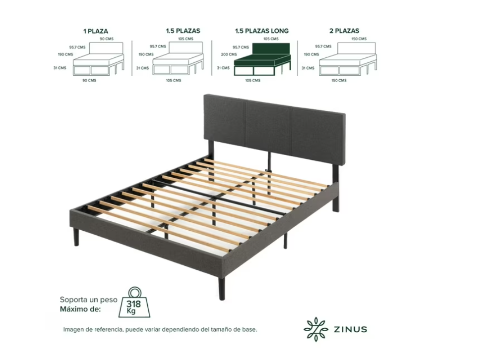 Base De Cama 1.5 Plazas Long Con Respaldo Zinus Cambril Gris 105x200cm