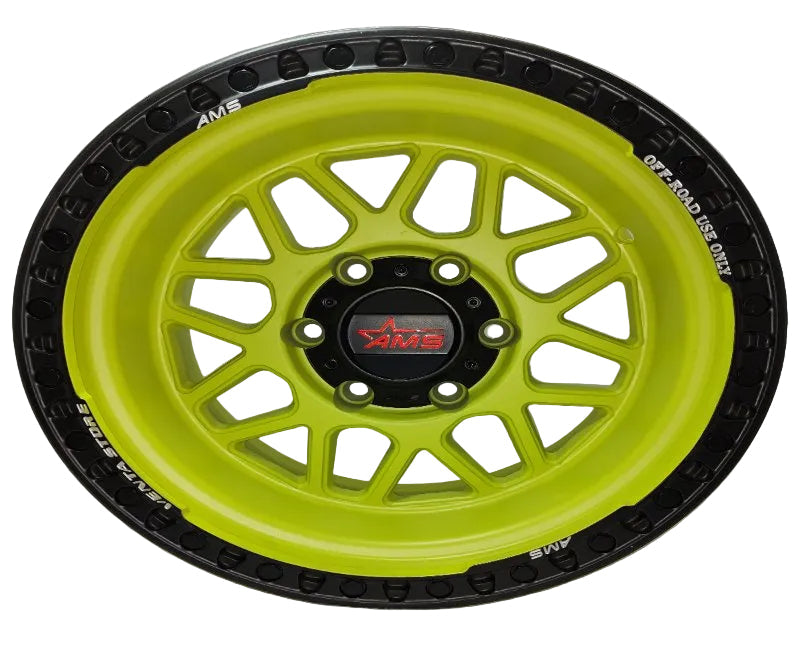 Llanta AMS B-16x10, Patrón de Pernos 6x139.7, ET 25, Color Amarillo Mate/Negro, Uso Todoterreno