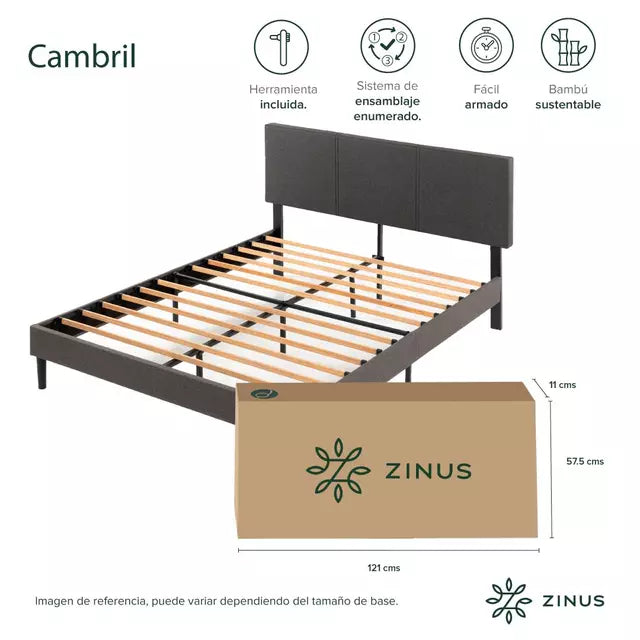 Base De Cama 1.5 Plazas Long Con Respaldo Zinus Cambril Gris 105x200cm