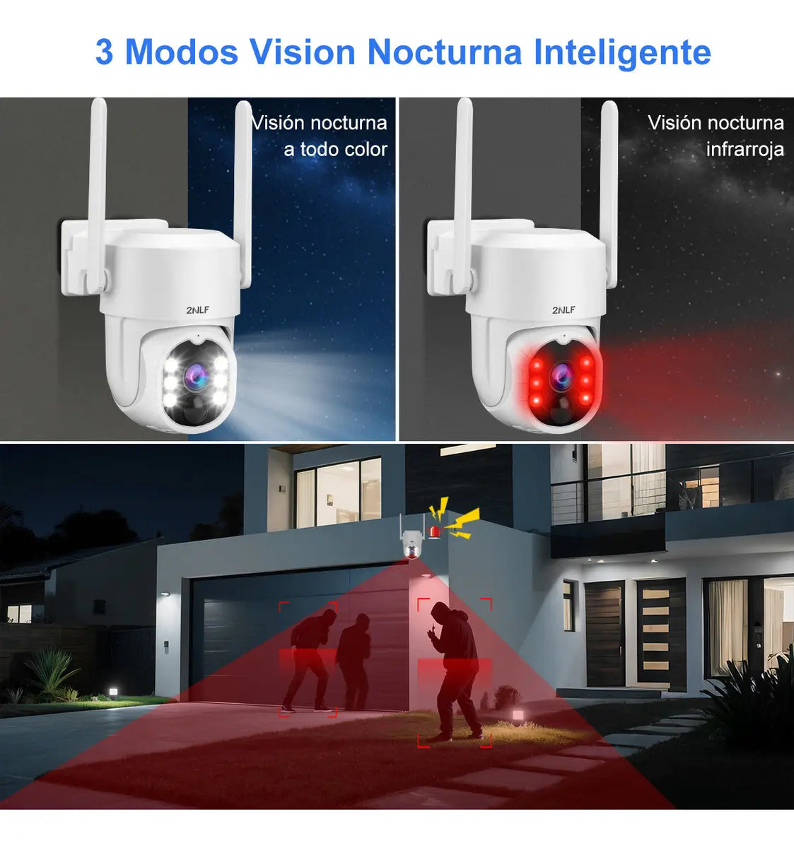 Cámara de Seguridad Solar 2NLF WiFi Exterior HD PTZ Visión Nocturna, Blanco