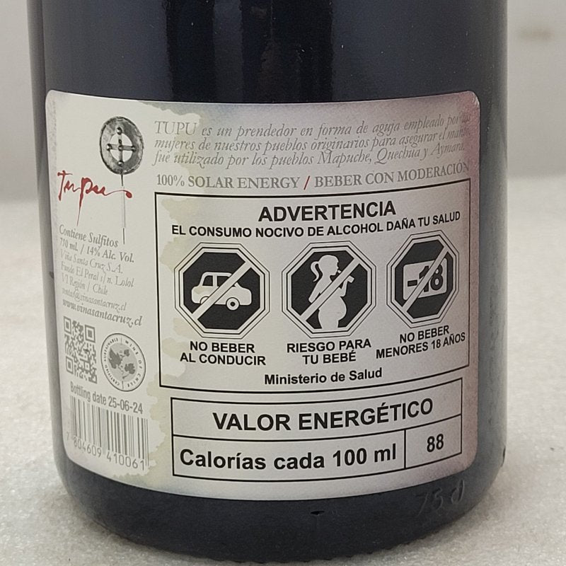 VINO TINTO SANTA CRUZ TUPU EDICION LIMITADA CABERNET SAUVIGNON - PETIT VERDOT VALLE DE COLCHAGUA 750 ML 2016