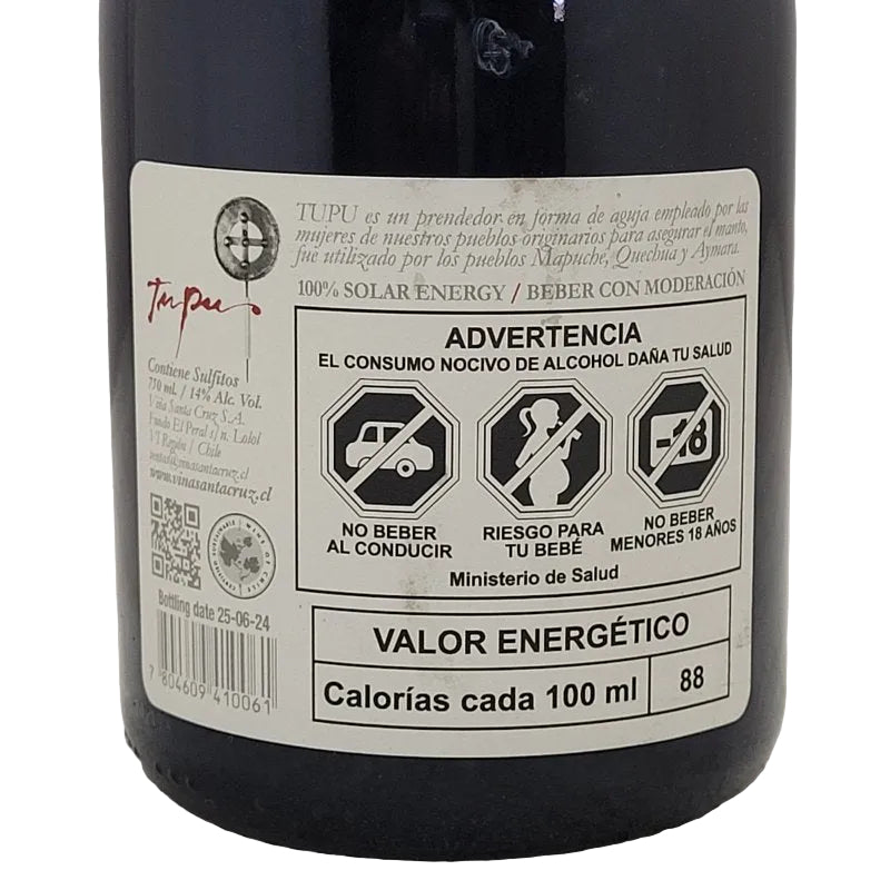 VINO TINTO SANTA CRUZ TUPU EDICION LIMITADA CABERNET SAUVIGNON - PETIT VERDOT VALLE DE COLCHAGUA 750 ML 2016