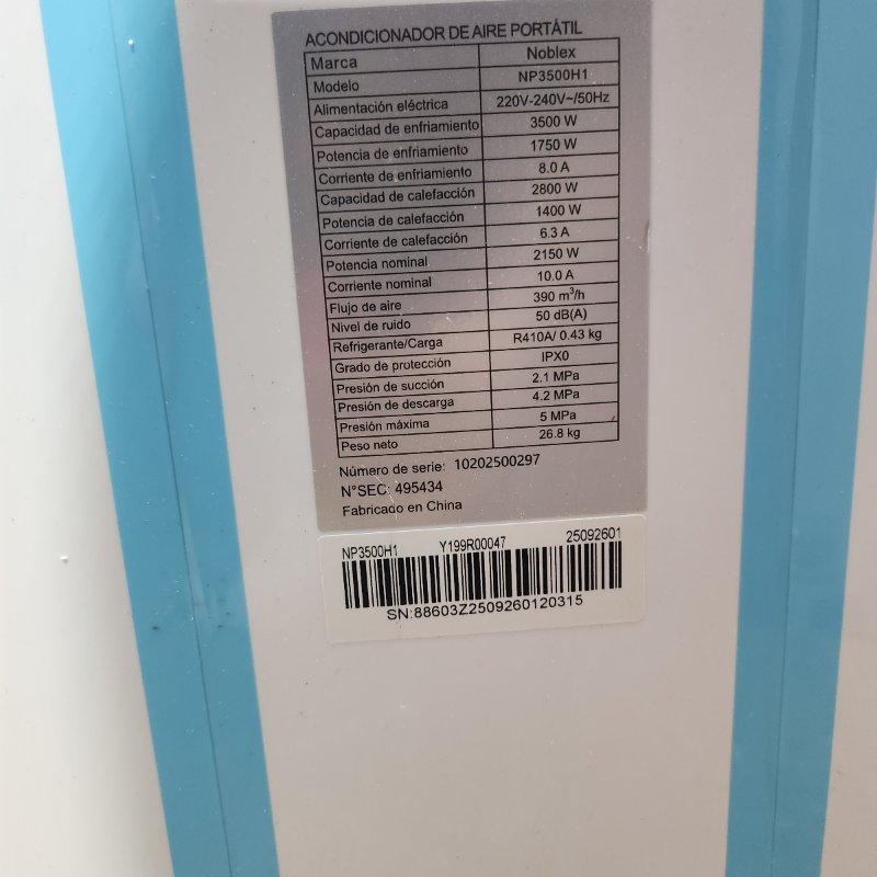 Aire Acondicionado Portátil Noblex NP3500H1 12000 BTU Frio/Calor Blanco