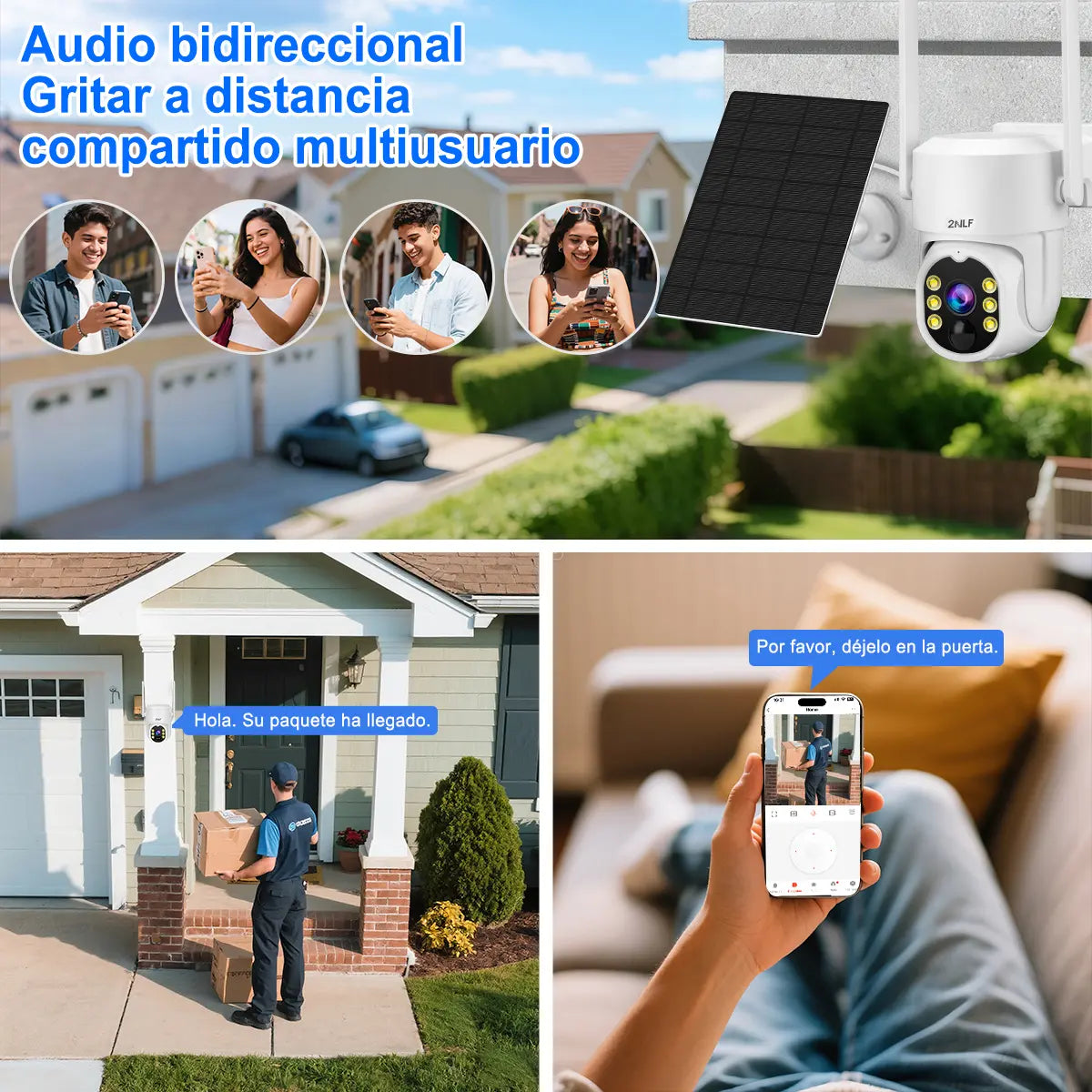 Cámara de Seguridad Solar 2NLF WiFi Exterior HD PTZ Visión Nocturna, Blanco