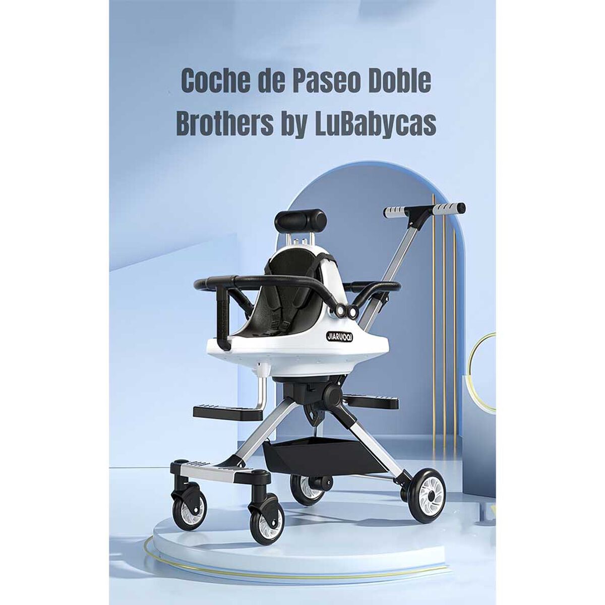 Coche De Paseo Doble Con Sombrilla  Azul Lubabycas Brother Blanco