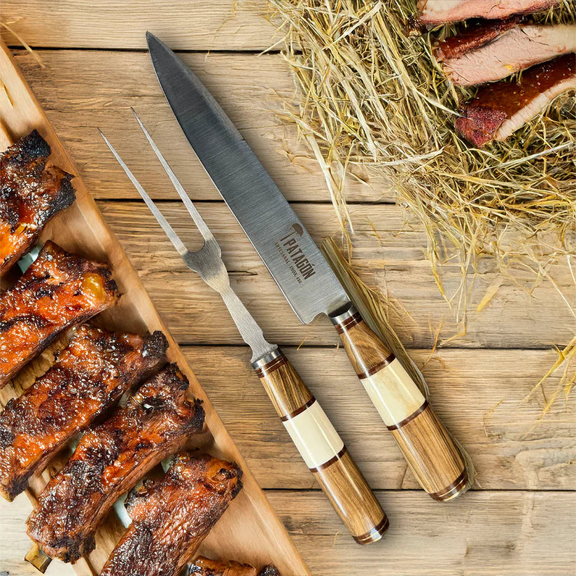 Juego De Cuchillo Y Tenedor Artesanal Inox 420 Patagon Parrillero Artesanal Hueso Madera Hoja 20 Cm