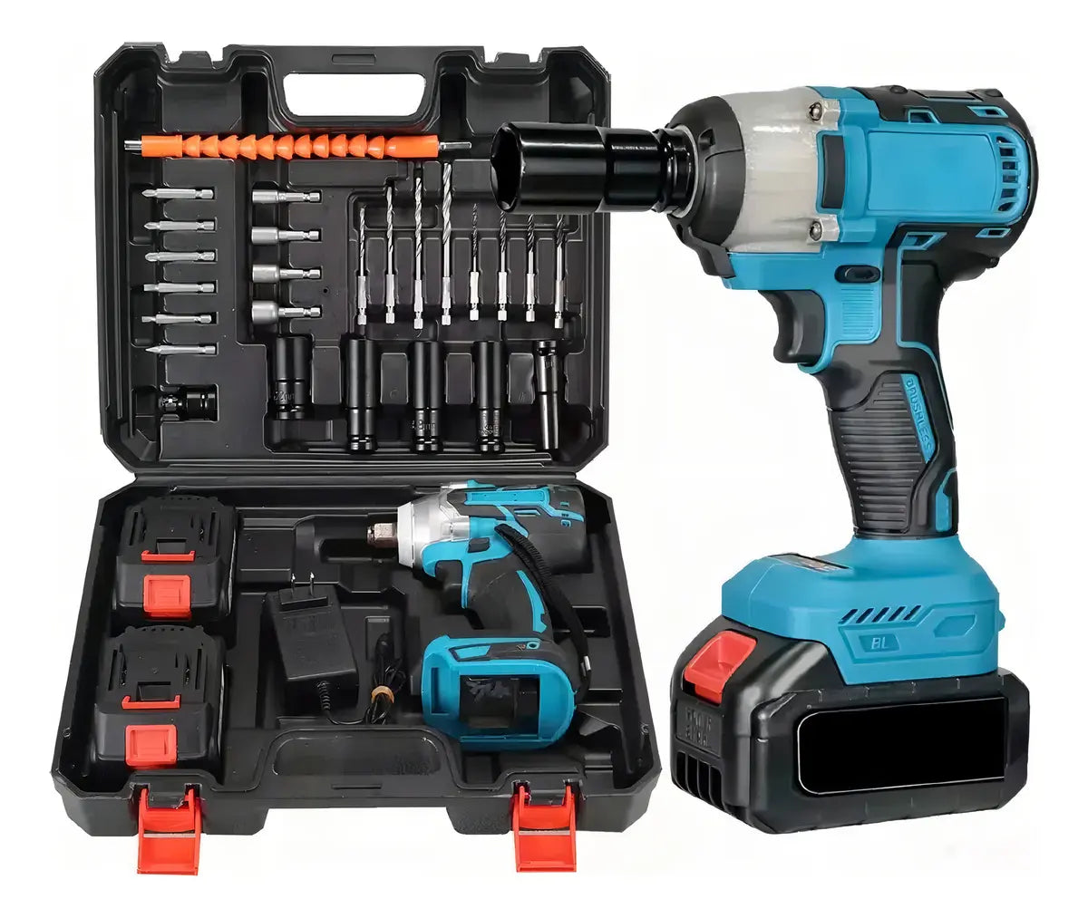 Kit Taladro Pistola y Llave de Impacto Inalámbrico 2 en 1 Motor Sin Escobillas 500 RPM Batería 6.0 Ah