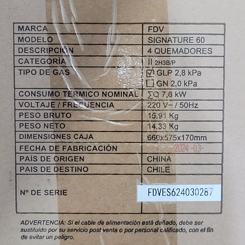 Encimera a Gas 4 Quemadores FDV Signature 60 cm