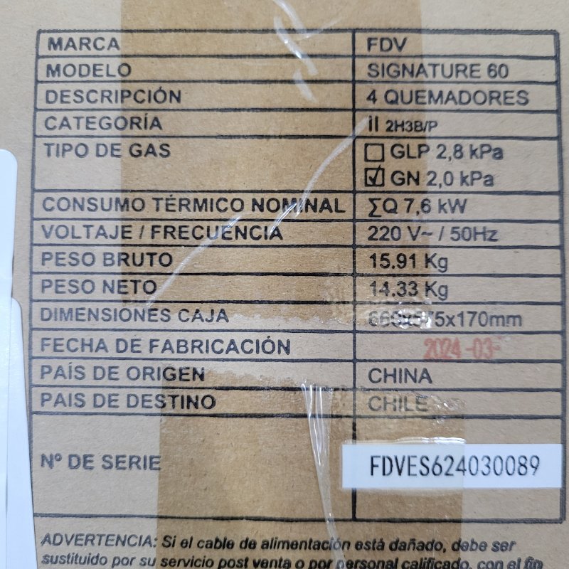 Encimera a Gas 4 Quemadores FDV Signature 60 cm