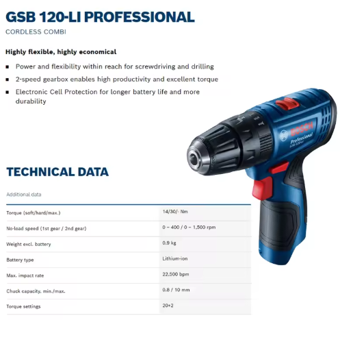 Taladro Percutor Inalambrico Bosch Gsb 120-Li Bateria y accesorios