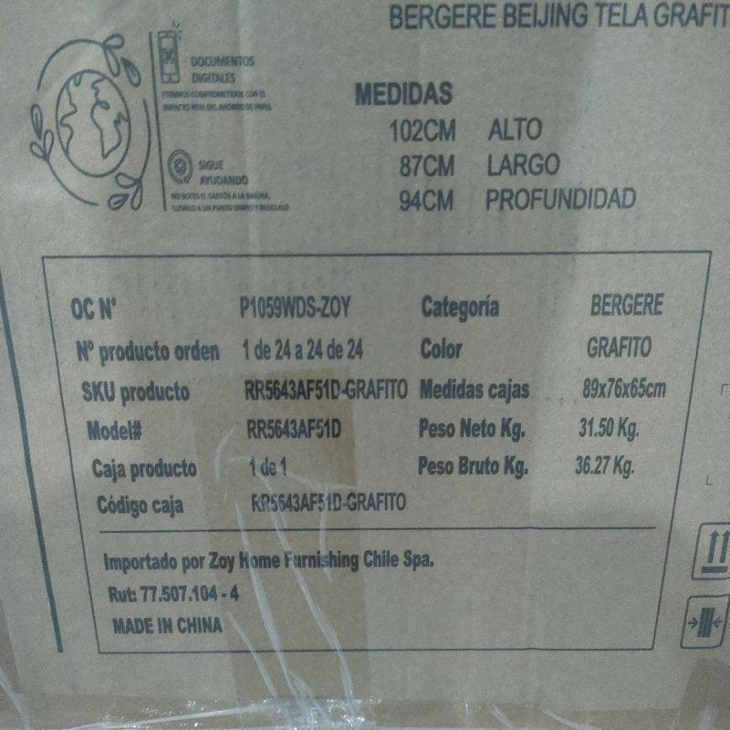 Bergere Beijing Tela Grafito Zoy Home RR5643AF51D, Grafito