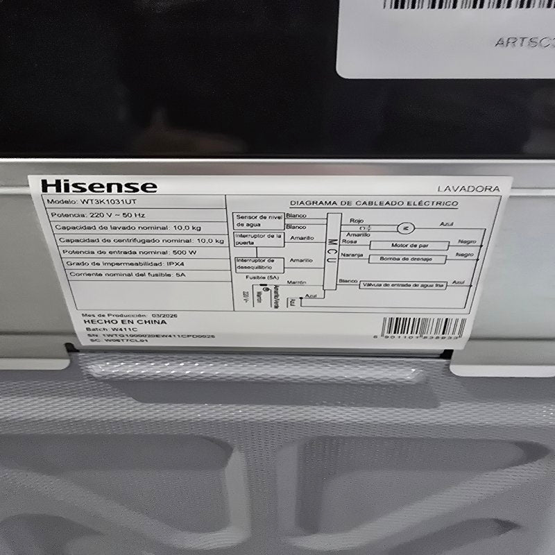 Lavadora Automática Hisense WT3K1031UT 10kg