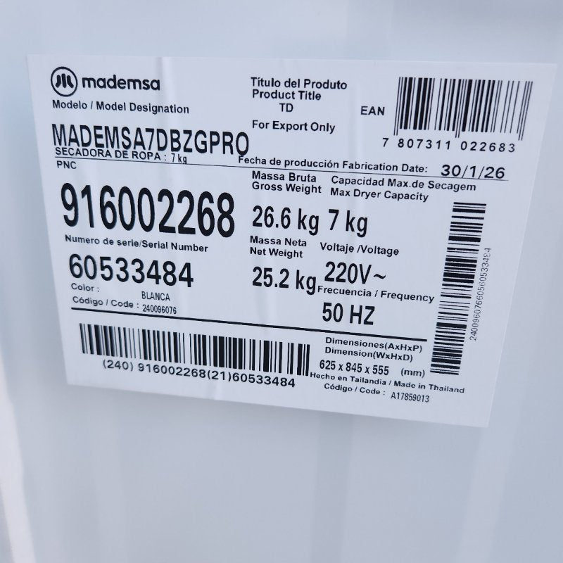 Secadora Carga Frontal Mademsa 7DBZGPRO 7kg