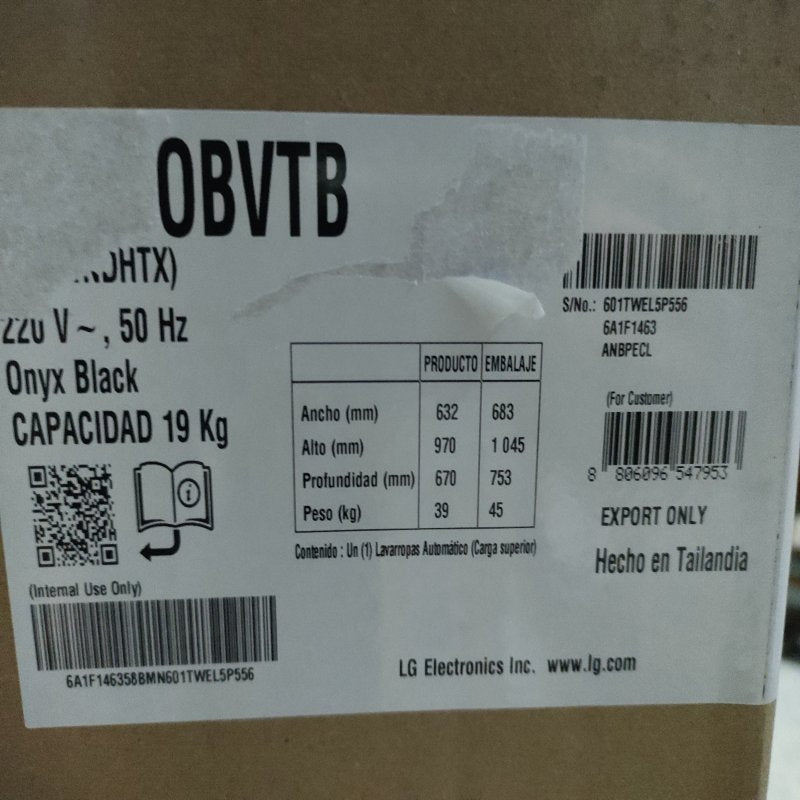 Lavadora LG WT19BVTB Onix Black 19 kilos