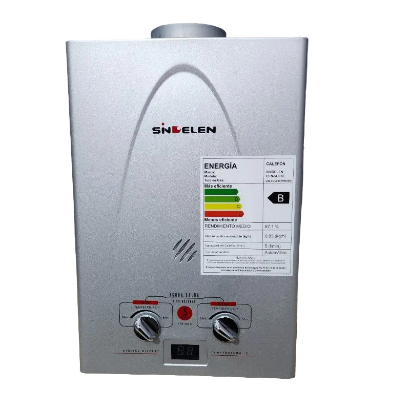 Calefón Tiro Natural a Gas Licuado Petróleo Sindelen CFN-5GLSI Plateado 5 Litros