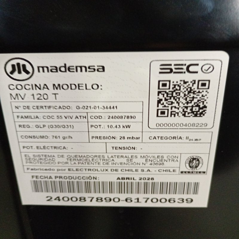 Cocina a Gas Mademsa MV 120 T 4 Quemadores