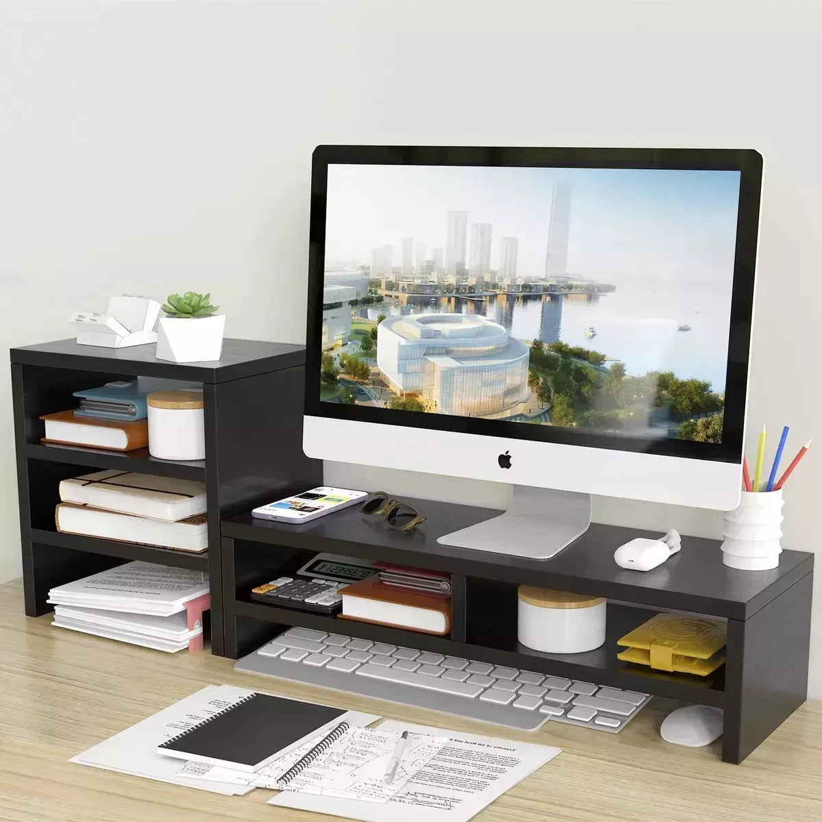 Soporte para Monitor con Estante de 3 Niveles Genérico Negro