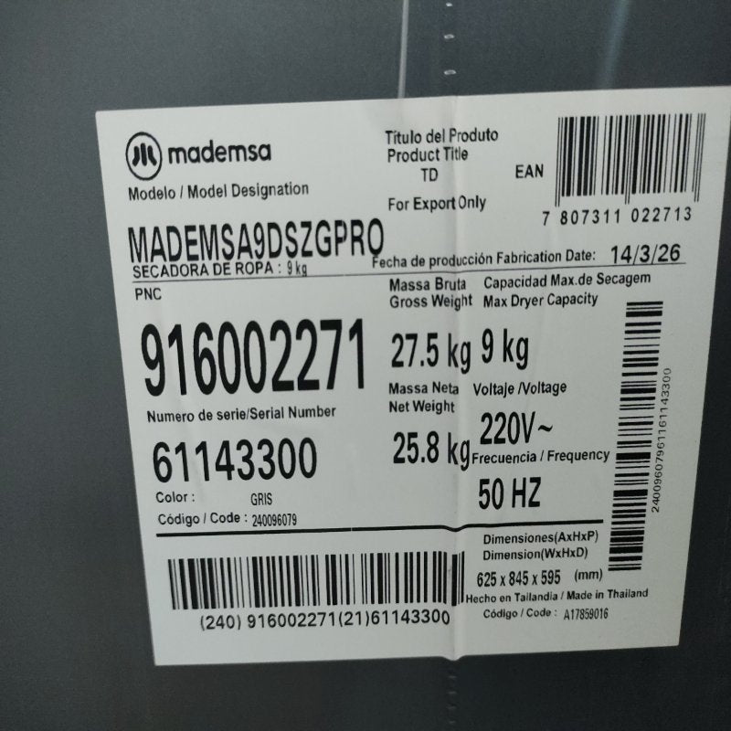 Secadora de Ropa Mademsa Onix A9DSZGPRO 9 kilos