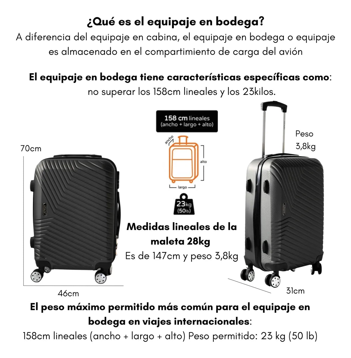 Maleta De Viaje Grande 30 Kg Equipaje De Bodega Rueda 360 Utazo Negro
