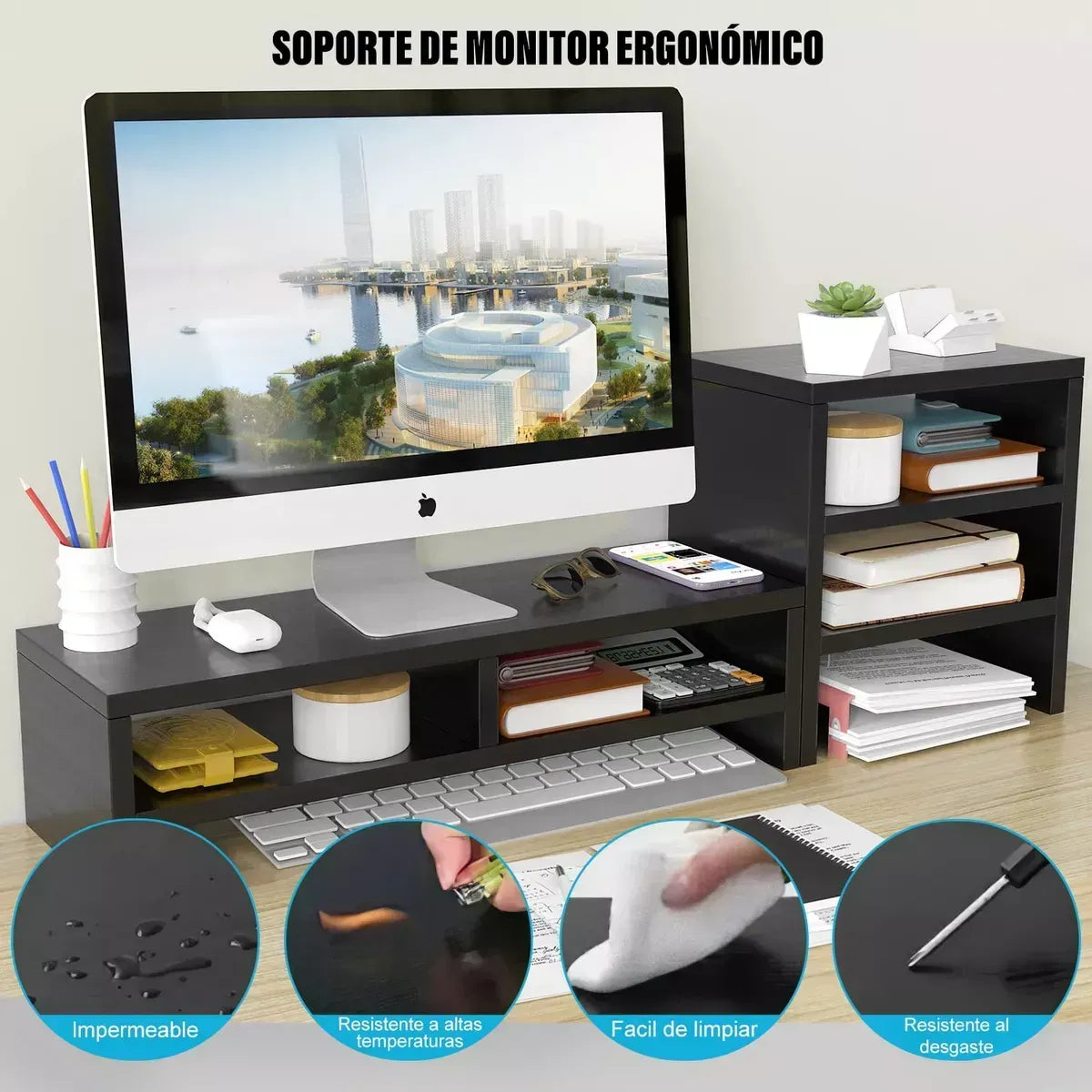 Soporte para Monitor con Estante de 3 Niveles Genérico Negro