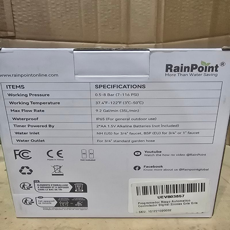 Programador de Riego Automático Rainpoint ITV205 Controlador Digital 2 Zonas