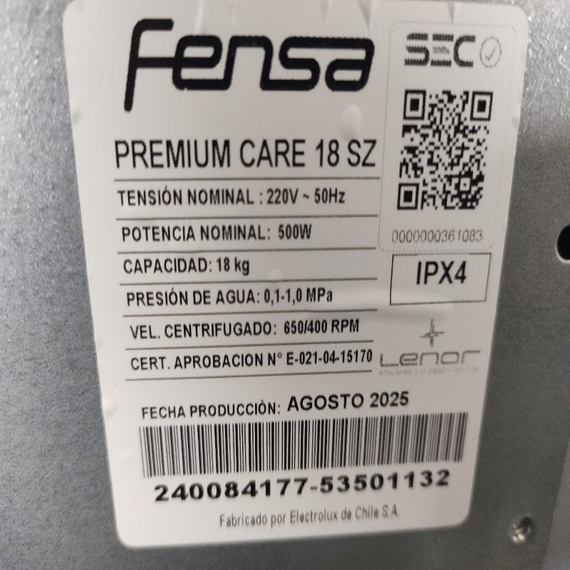 Lavadora Automática Fensa Premium Care 18SZ 18 kilos