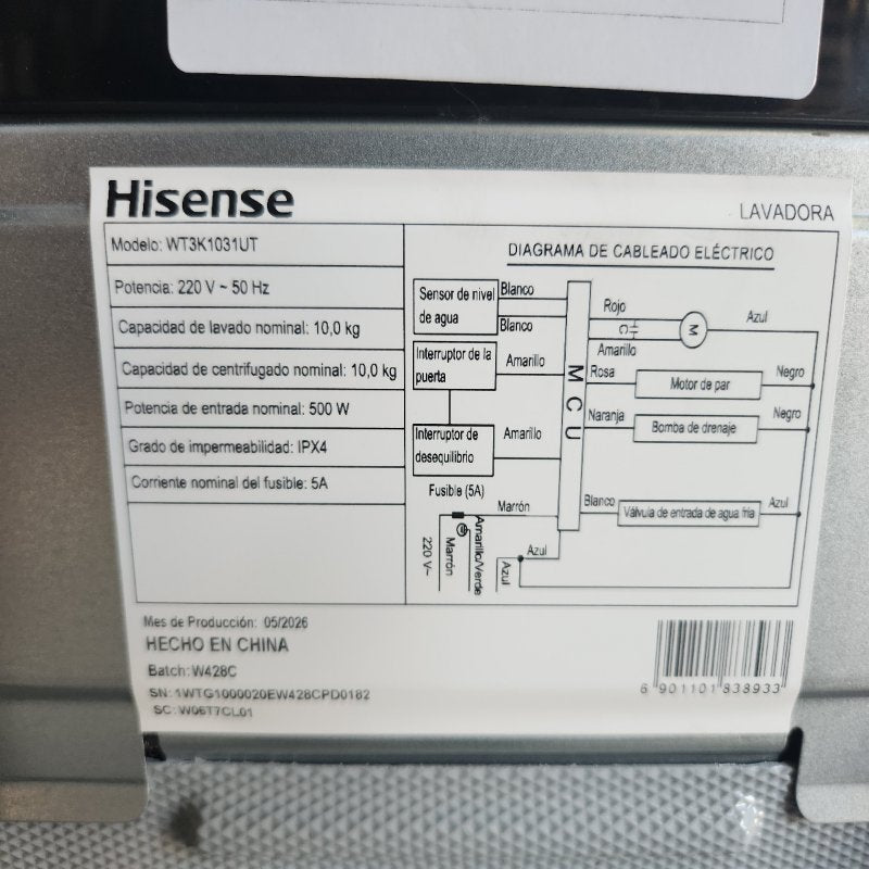 Lavadora Carga Superior 10kg Hisense WT3K1031UT