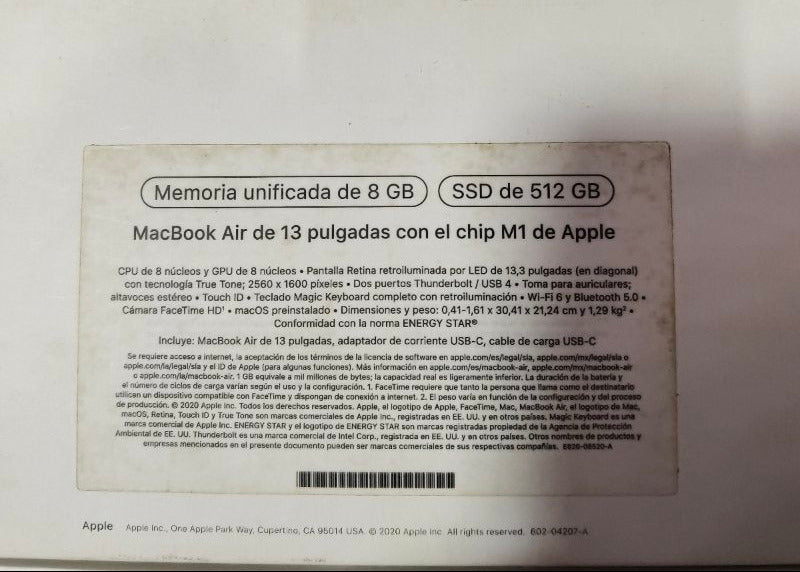 MacBook Air 13" Reacondicionado Apple M1 A2337 8GB RAM 512GB Grey