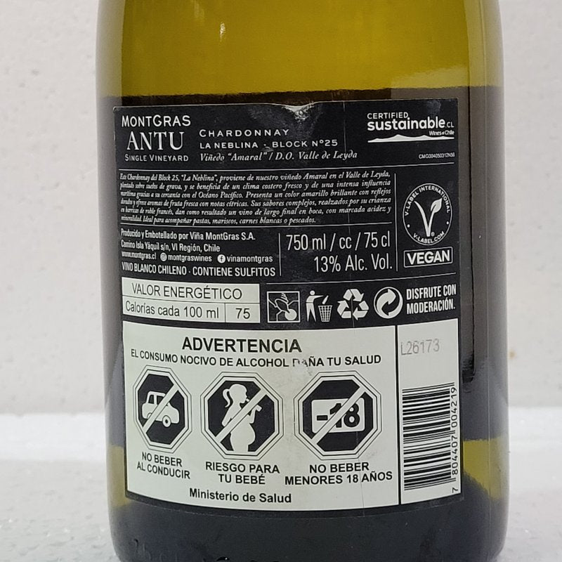 Vino Blanco Montgras Antu Chardonnay Valle Leyda 750 ml
