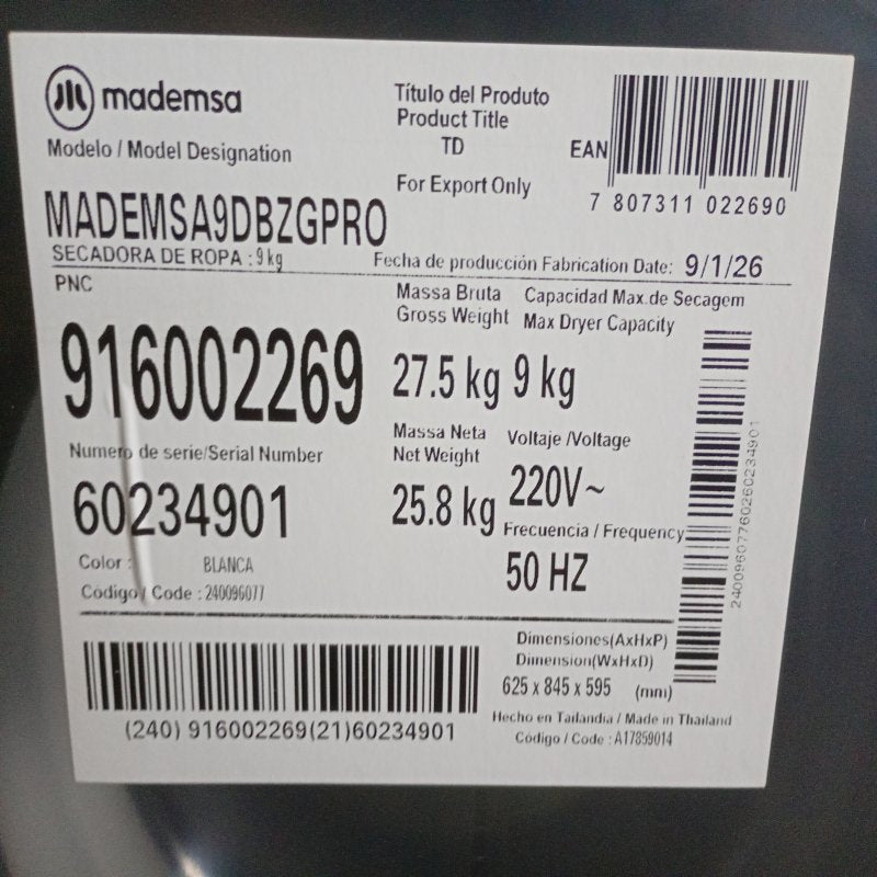 Secadora Mademsa 9DBZGPRO Carga Frontal 9 kg, Blanco