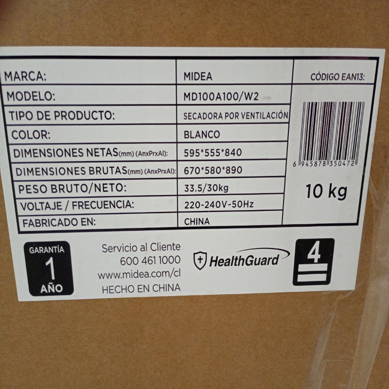 Secadora por Ventilación Midea MD100A100/W2 10 kg, Blanco